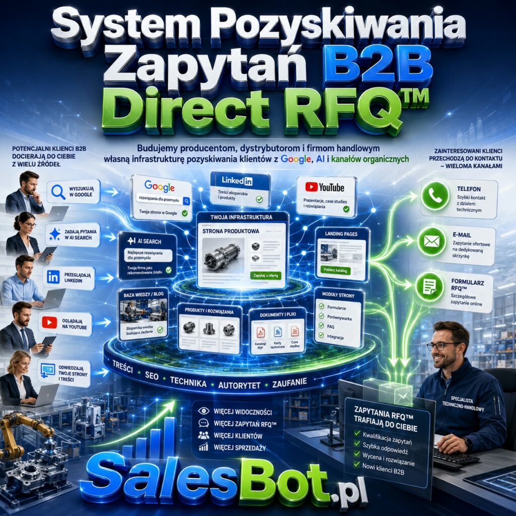 System Pozyskiwania Zapytań B2B Direct RFQ™
Budujemy producentom, dystrybutorom i firmom handlowym własną infrastrukturę pozyskiwania klientów z Google, AI i kanałów organicznych.