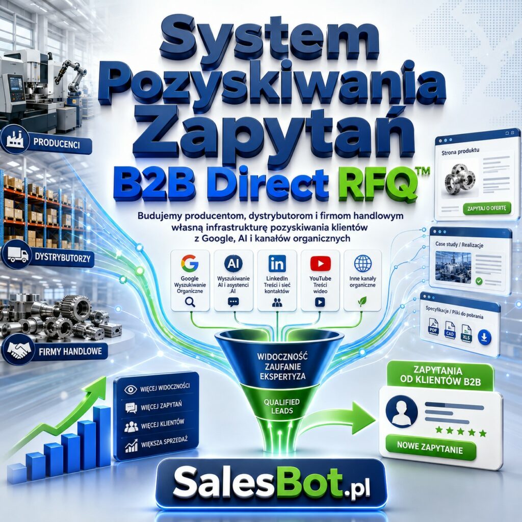 System Pozyskiwania Zapytań B2B Direct RFQ™
Budujemy producentom, dystrybutorom i firmom handlowym własną infrastrukturę pozyskiwania klientów z Google, AI i kanałów organicznych.